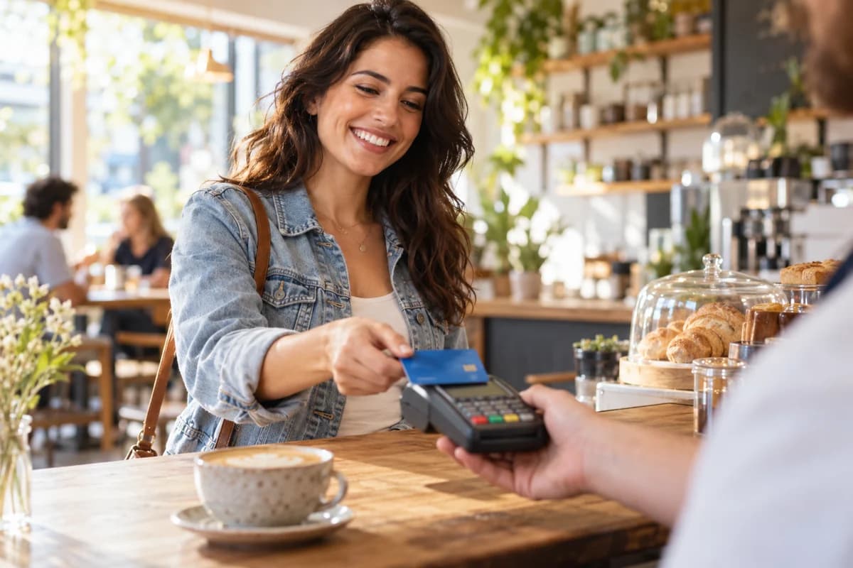 A woman paying with a blue card at a neighborhood cafe