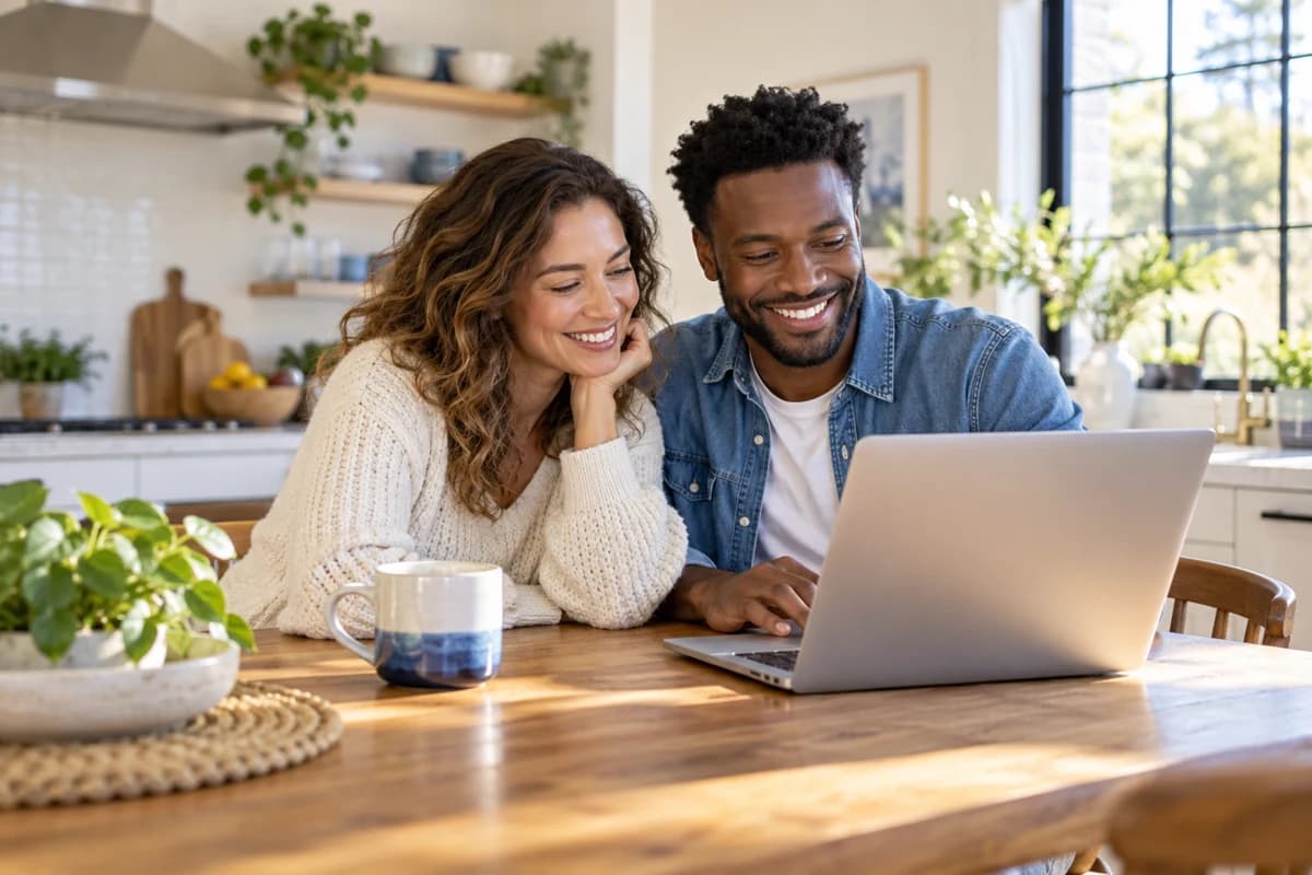 A couple comparing financial options together on their laptop at home