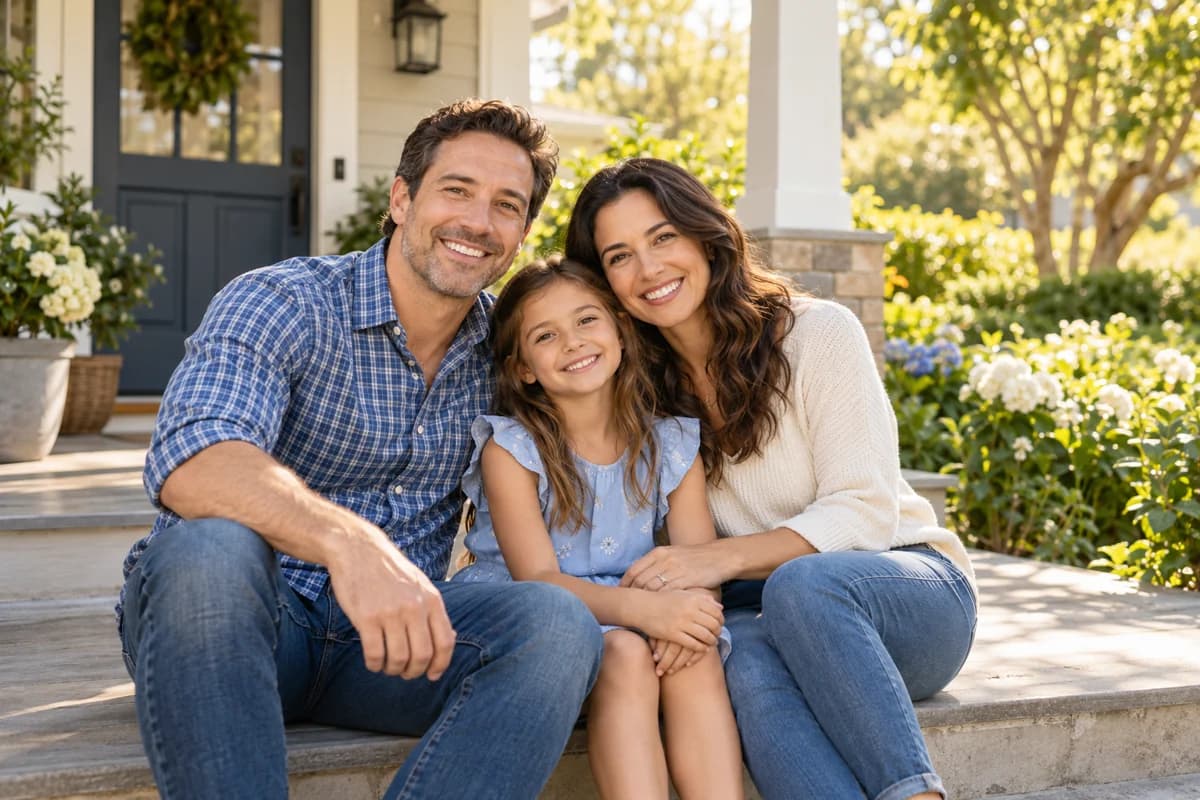 Parents and their daughter enjoying time together on their porch