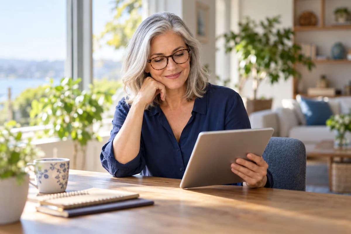 A woman reviewing her financial plans on a tablet