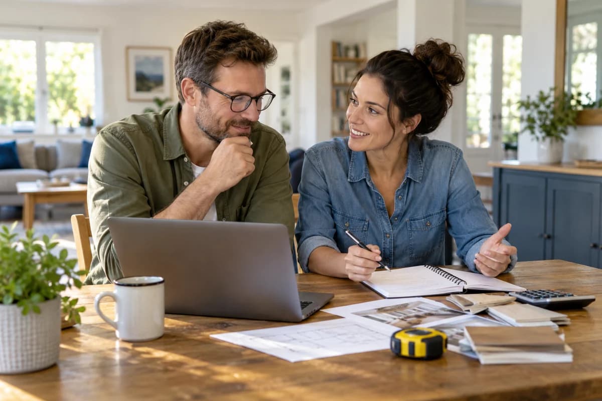 A couple reviewing a budget with a laptop and notebook