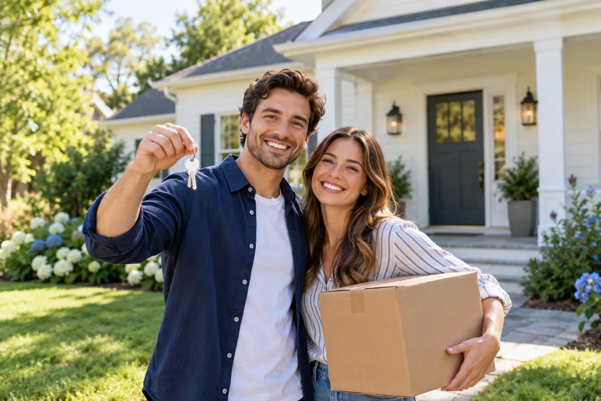 A couple holding keys and a moving box outside their new home